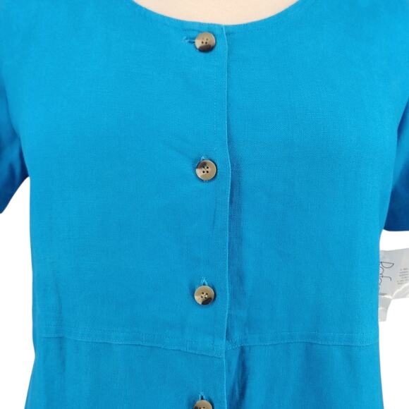 Vintage 90s Boho Button Front Cotton Midi Dress Blue Pockets Size 12 - Picture 2 of 8